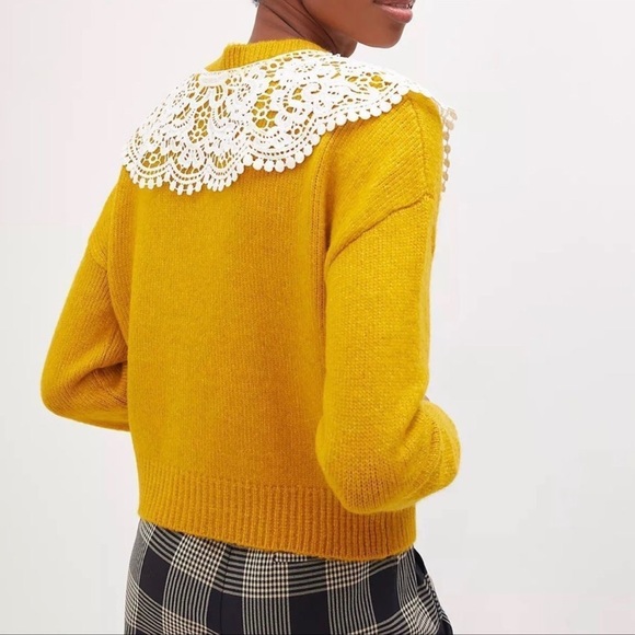 Maeve by Anthropologie Lace Collar Mustard Yellow Cardigan Size M - Picture 2 of 16